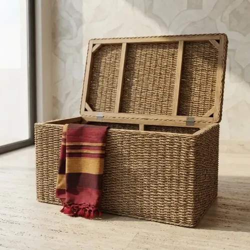 Puf Baul Asiento Pie De Cama Organizador D Fibras Naturales Marrón Baul 120 Cm