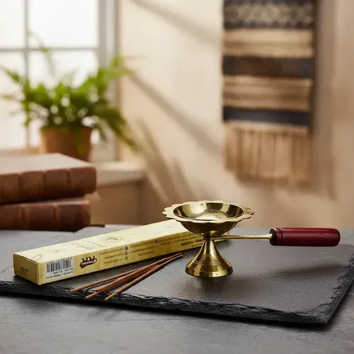 Sahumador Bronce Y Madera 7 X 10 Cm Importado De India Zen Dorado Liso