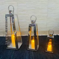 Set 3 Faroles De Acero Fanales Importados Oriente Porta Vela Plateado