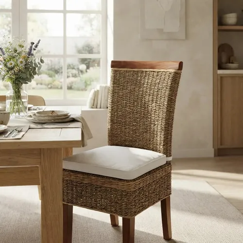 Silla Madera Teka Y Seagrass Con Pollera Importada Indonesia No Marrón