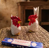 Pareja Gallo Y Gallina Tallado Y Pintado Artesanal Indonesia Marrón