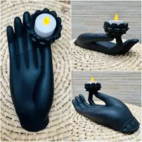 Porta Vela Unico Zen Mano Sobre Loto Importado Resina Unico Negro