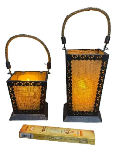 Juego X 2 Fanales Metal Vidrio Tela Porta Vela Colgante Pie Oxido