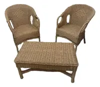 Set X2 Sillones Artesanales Simples En Fibras + Mesa Ratona Marrón Claro