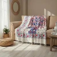 Manta Hindu Rustica Estampada Algodon India 2 Pl Hilado Fino Crudo Con Estampa Roja Y Azul Étnico (elefante Y Árbol De La Vida) 2