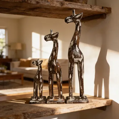 Familia Jirafas X 3 Importadas Madera Pintada 40-30-20 Cm Marrón