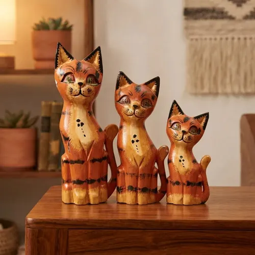 Gatos En Madera D India Tallados Pindados Set X 3 Importados
