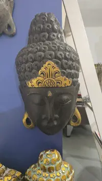 Mascara Buda Artesanal Madera Teca Importada Pushkar Tienda Negro Y Dorado