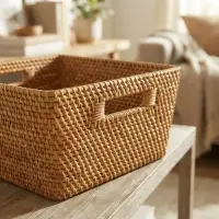Canasto Organizador Ropa Importado Ratán Natural Pushkar Marrón Claro