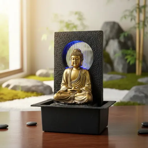 Fuente De Agua Buda 40 Cm Lluvia Cascada Y Led Importada Zen Dorado