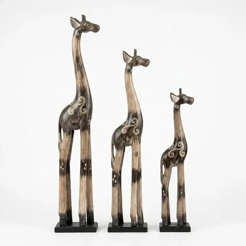 Familia Jirafas X 3 Importadas Madera Pintada Decoración Blanco Y Negro