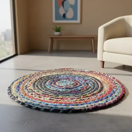 Alfombra Circular Tejida De Yute Importada India Artesanal 60 Cm 60 M Multicolor