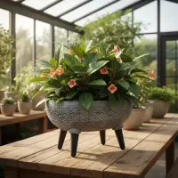 Maceta Artesanal Importada Oriente Buda Tallado 40 Cm Resina Gris