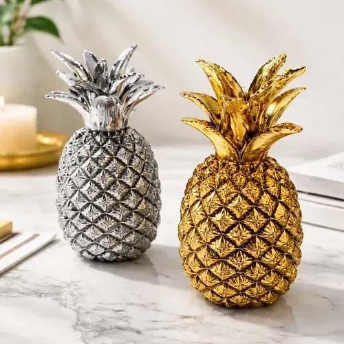 Juego X 2 Piñas O Ananas Decorativas Importadas Ortiene 20cm Plateado Y Dorado