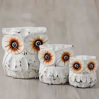 Set X3 Buhos En Madera De Oriente Tallado Importado India Blanco