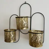 Porta Maceta Triple De Pared En Metal Importado De Oriente Dorado Portamaceta