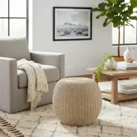 Puf Fibras Naturales Y Madera Artesanal 45 X 40 Cm Banquito