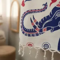 Manta Hindu Rustica Estampada Algodon India 2 Pl Hilado Fino Crudo Con Estampa Roja Y Azul Étnico (elefante Y Árbol De La Vida) 2